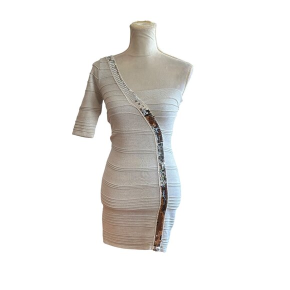 Wow Couture Sequined One-Shoulder Bandage Dress Bodycon Glam Sparkly Cocktail S - Picture 1 of 8